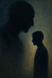 Surreal human silhouette facing fear shadow